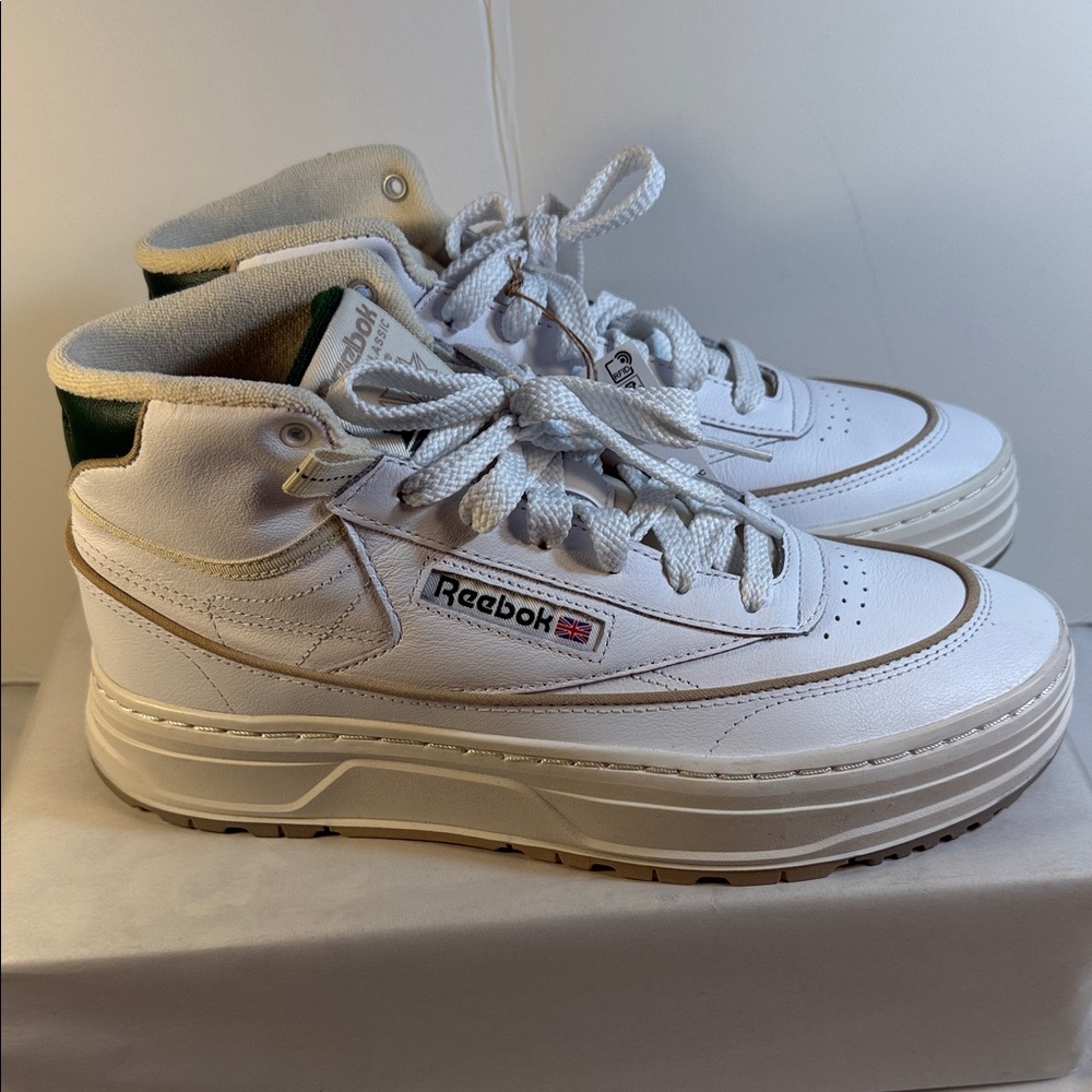 Reebok women’s White High-Top Sneakers with Green Heel and Tan Trim